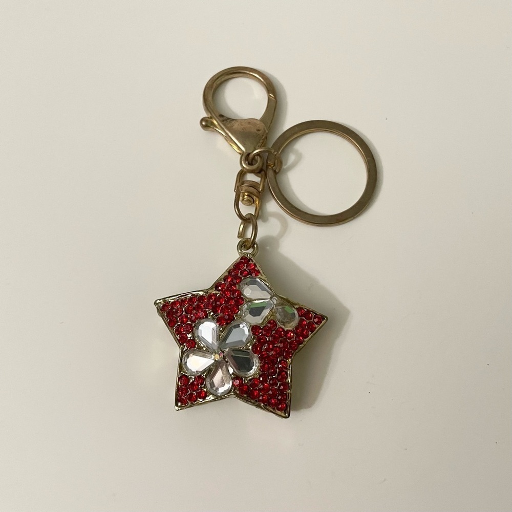 Red and White Rhinestone Star Keychain